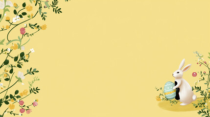 Fototapeta premium A cheerful lemon-yellow pastel backdrop with a cute bunny holding an Easter egg at the bottom right corner and a delicate floral vine arching from the top left. The wide open space in the center makes