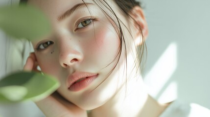 自然光に映えるしっとりとした美肌の女性