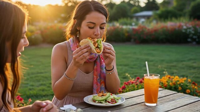 Young woman eating a taco while sitting outdoors at a table with a friend in a garden during sunset, enjoying al fresco dining, socializing and the ambiance of a summer evening leisure