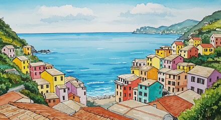 Vibrant Watercolor Coastal Village: Sun-Drenched Houses and Azure Sea AI Generated