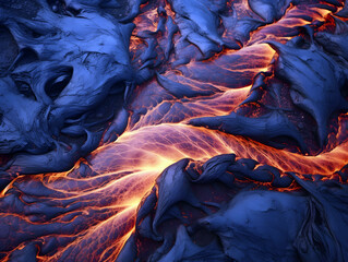 Flowing lava creates stunning patterns in volcanic landscape at night in a remote region