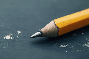 Close-up view of a sharpened pencil resting on a textured table surface with artistic details and a soft light setting