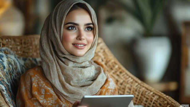 Young woman using tablet in cozy indoor setting while wearing traditional attire