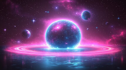 Cosmic Planet, Neon Rings, Nebula Background, Space Exploration Visual