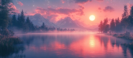 Obraz premium Misty Mountain Lake Sunrise Reflection