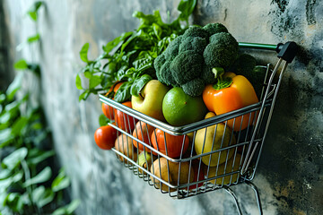 Fresh produce basket filled with colorful vegetables and fruits displayed against a textured wall