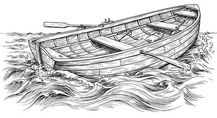 Hand-Drawn Illustration: Rowboat on a Choppy Sea AI Generated
