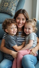 Obraz premium A cheerful mother beams with happiness as she hugs her two playful children, radiating warmth and love in a cozy living room setting. The scene captures the essence of family bonding, showcasing the