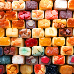 Colorful variety of handcrafted soap bars arranged neatly in a vibrant display