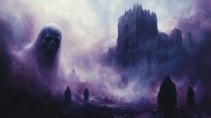 Ghostly apparition, shrouded figures,  ancient castle, ominous landscape