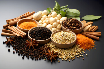 Collection of aromatic spices and herbs arranged artistically on a dark background showcasing culinary potential
