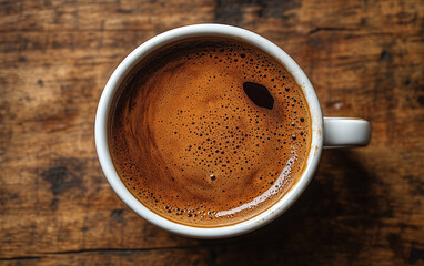 Detailed overhead view of fresh espresso coffee crema in white cup on textured wood.