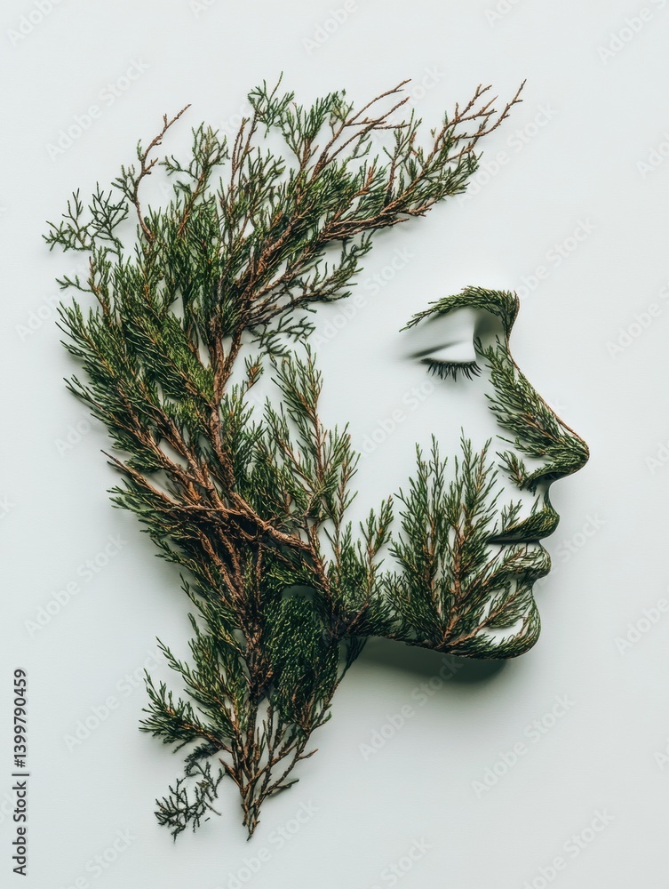Poster mindful exploration of nature through creative face outline made from pine branches and layered terr