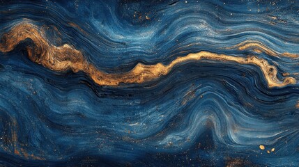 Obraz premium Abstract swirling blue and gold marble pattern with texture and depth