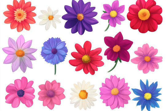 Various types of dahlia flowers in a wide range of vibrant colors and unique shapes