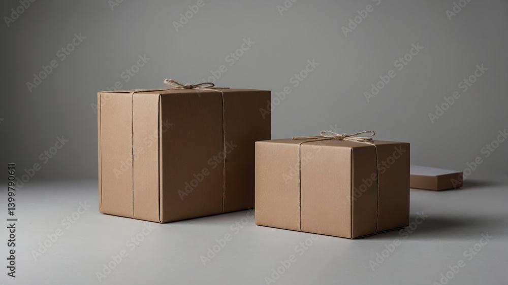 Poster brown cardboard boxes of different sizes tied with twine arranged on a gray background in a minimali