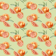 Watercolor whole Grapefruits on repeated texture isolated. Slice grapefruits and leaves hand drawn sketch. Juicy fresh summer seamless pattern with citrus in botanical style for packaging, textile.
