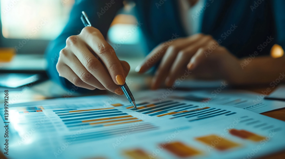 Poster analyzing financial data charts and graphs for business strategy and investment planning process