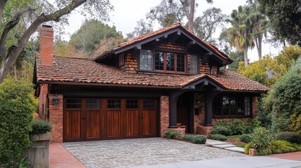 Charming rustic brick house with red roof amidst lush greenery