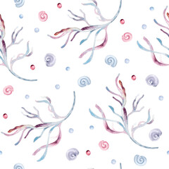 Underwater seamless pattern of monochrome dusty pink sea plants and bubbles, curl watercolor on white. Repeated background hand drawn for marine prints, wrapping paper, stationery, textile designs.