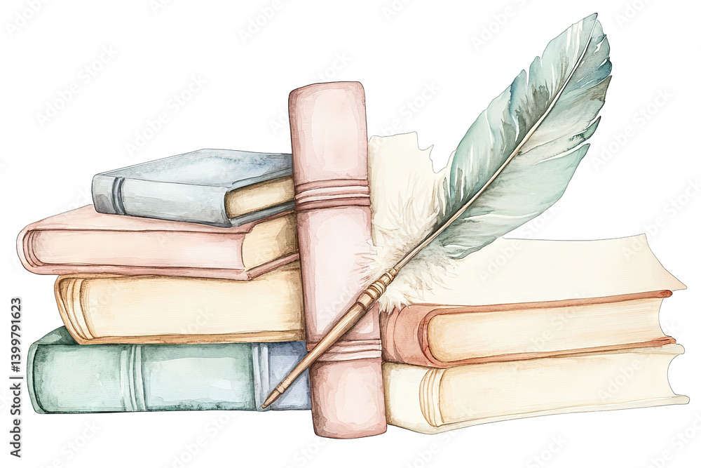 Poster a stack of colorful books with a quill resting on top symbolizing literature and writing it evokes a