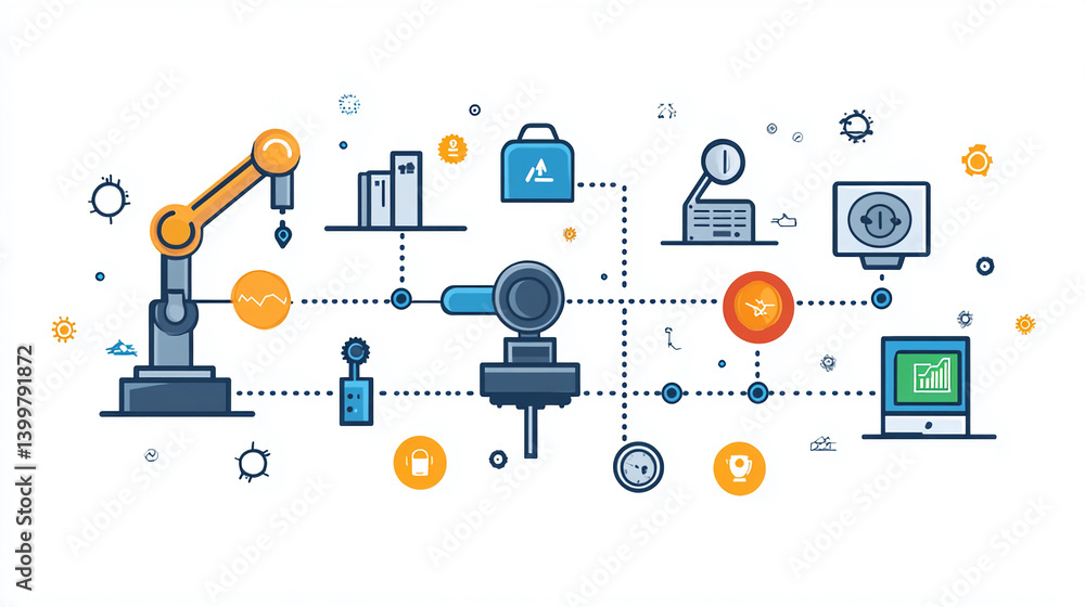 Poster automation industry concept with robotic arms and computer systems for manufacturing and production