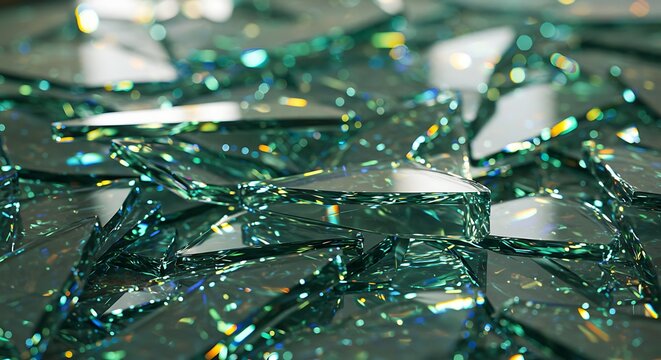 Shattered Teal Glass Fragments: A Close-Up 3D Render AI Generated - Powered by Adobe