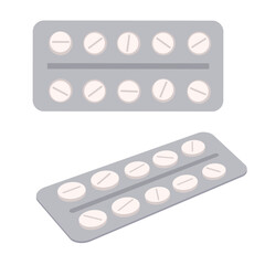 Pill blister with round tablets, medicines. Medical package with medicaments, drugs. Flat vector illustration isolated on white background