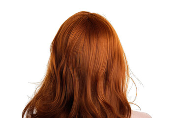 Obraz premium the back of a person?s head with long wavy vibrant red hair against a plain white background emphasizing the hair's texture and color