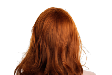 the back of a person?s head with long wavy vibrant red hair against a plain white background emphasizing the hair's texture and color
