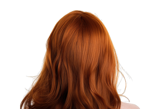 the back of a person?s head with long wavy vibrant red hair against a plain white background emphasizing the hair's texture and color