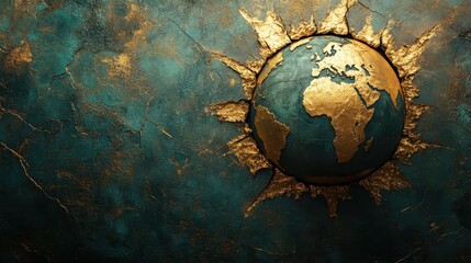 Golden sunburst earth on textured teal background with cracks