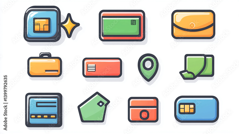 Poster vector icon set of financial elements like credit cards and money for ui design and web development