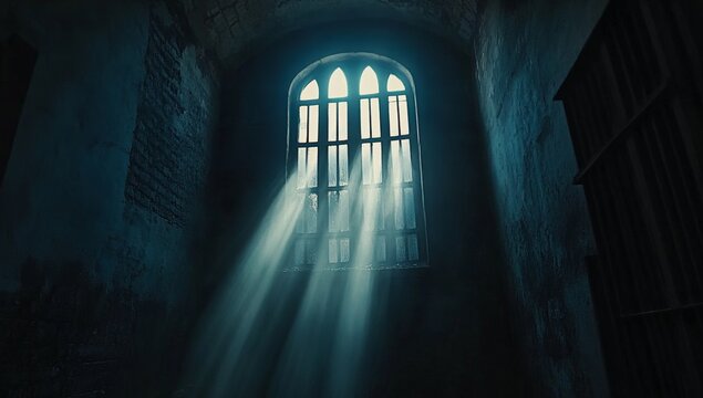 Ancient stone room, single window,  light rays