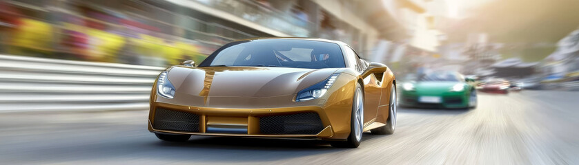 sleek, golden sports car races down track, showcasing its aerodynamic design and speed. blurred background emphasizes motion and excitement of race, capturing thrill of automotive competition