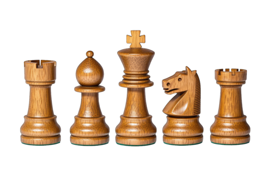 a set of wooden chess pieces arranged in a line highlighting the king queen rook knight and pawn the pieces are polished and exhibit intricate craftsmanship emphasizing their role in the game of chess