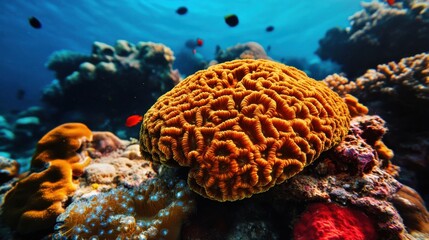 Fototapeta premium Marine environment rich with coral structures and tiny sea creatures, macro focus