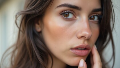 Obraz premium This stunning close-up captures a young woman with long, flowing hair and expressive brown eyes that draw you in. Her flawless skin glows softly, highlighting her natural beauty and inviting a sense