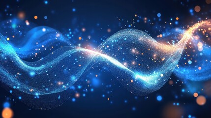 Glowing abstract wave of blue and orange light particles on dark background