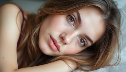 Fototapeta premium This intimate portrait showcases a young woman with flowing hair and striking brown eyes, exuding a sense of calm and vulnerability. Her soft expression and natural beauty invite viewers to connect