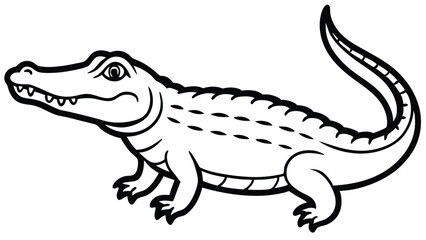 A black-and-white line drawing of a crocodile in a side profile, with an open mouth showing teeth, a long tail, and a textured back, on a white background.