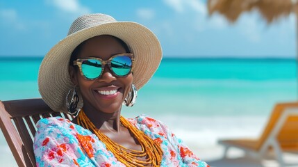 Happy African woman sitting on deck chair at tropical beach