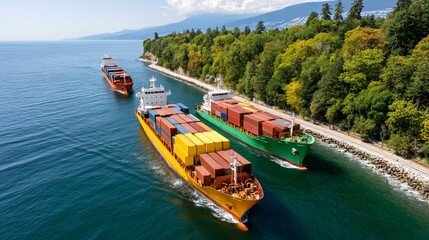 Clear and sharp daytime ocean view with several container ships traveling across international shipping zones
