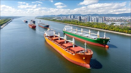 Fototapeta premium High-definition aerial view of cargo ships navigating through international shipping lanes, representing global trade routes and maritime logistics
