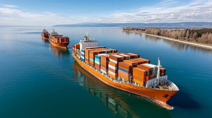 Fototapeta premium High-res wide angle image of cargo ships in shipping lanes surrounded by calm blue sea, representing global freight transportation