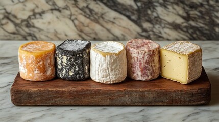 An assortment of artisanal cheeses from various regions is beautifully arranged on a rustic wooden board