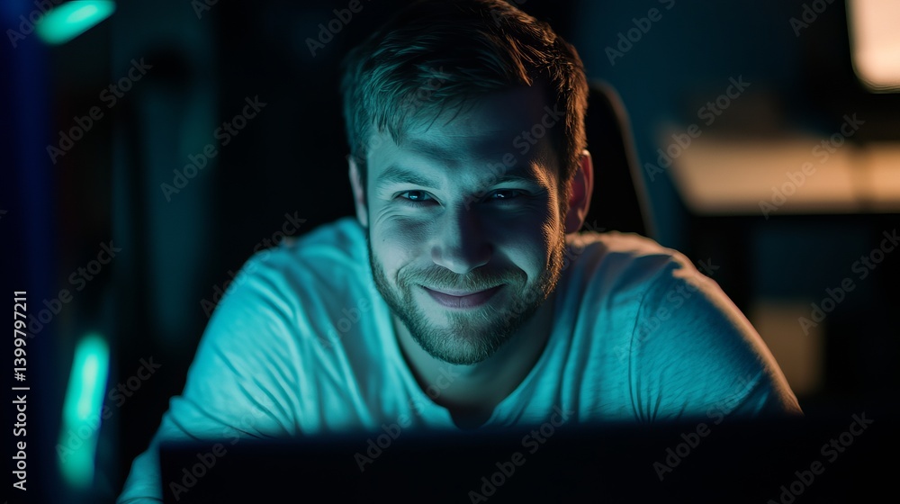 Aufkleber man with beard smiling at a computer screen in a dark room with blue and green lighting effects