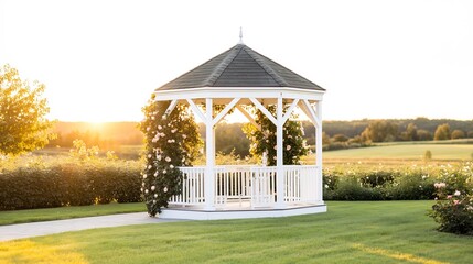 Serene gazebo bathed in warm sunset light stands majestically amidst lush green fields.. AI Generated