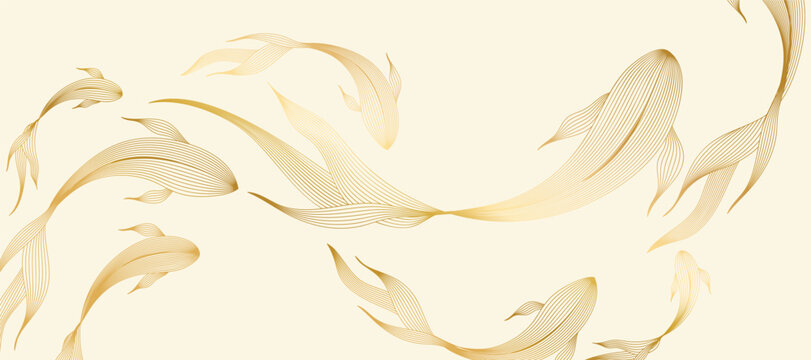 Elegant abstract line art on light background. Luxury hand drawn with gold line koi fish. Shining lines design for wallpaper, banner, prints, covers, wall art, home decor.