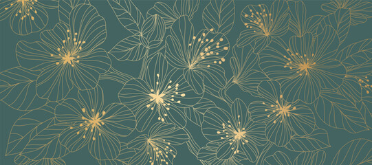 Elegant abstract line art on green background. Luxury hand drawn with gold line wildflower. Shining lines design for wallpaper, banner, prints, covers, wall art, home decor.